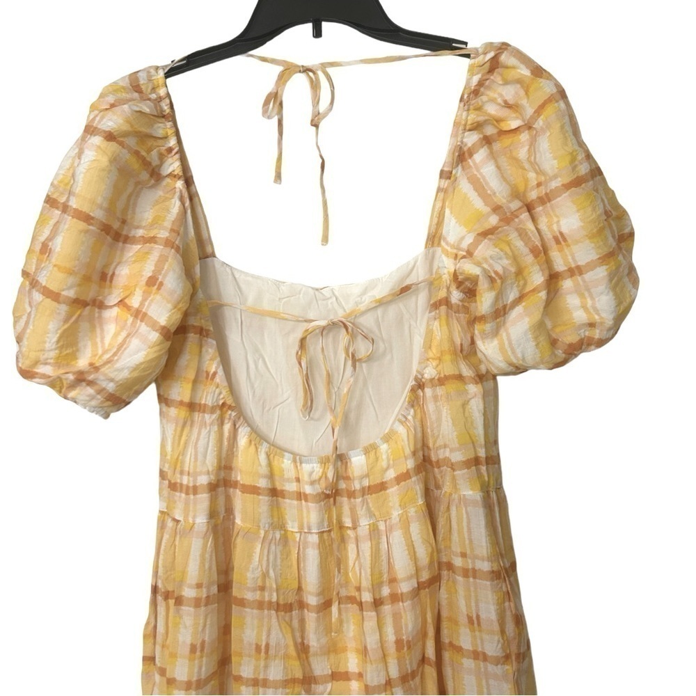 ASTR The Label Yellow Plaid Puff Sleeve Tiered Open Back Midi Dress Cottage M - Picture 7 of 9